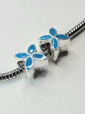 New! For Pandora Charm Bracelets TWO Bright Blue and Silver Color Leaf Flowers
